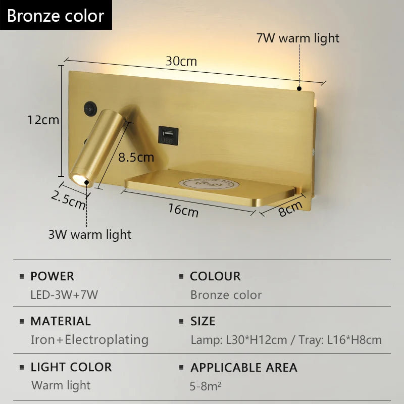 LED Wall Lamp Modern Multifunctional with Wireless Charging USB Interface Bedroom Night Light Indoor Decoration Lighting