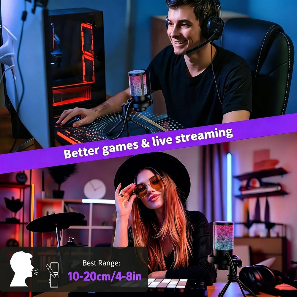 Gaming PC USB Microphone, Podcast Condenser Microphone, Mute Button, Gain Control For Live Chat, RGB PC Microphone For Live Gami
