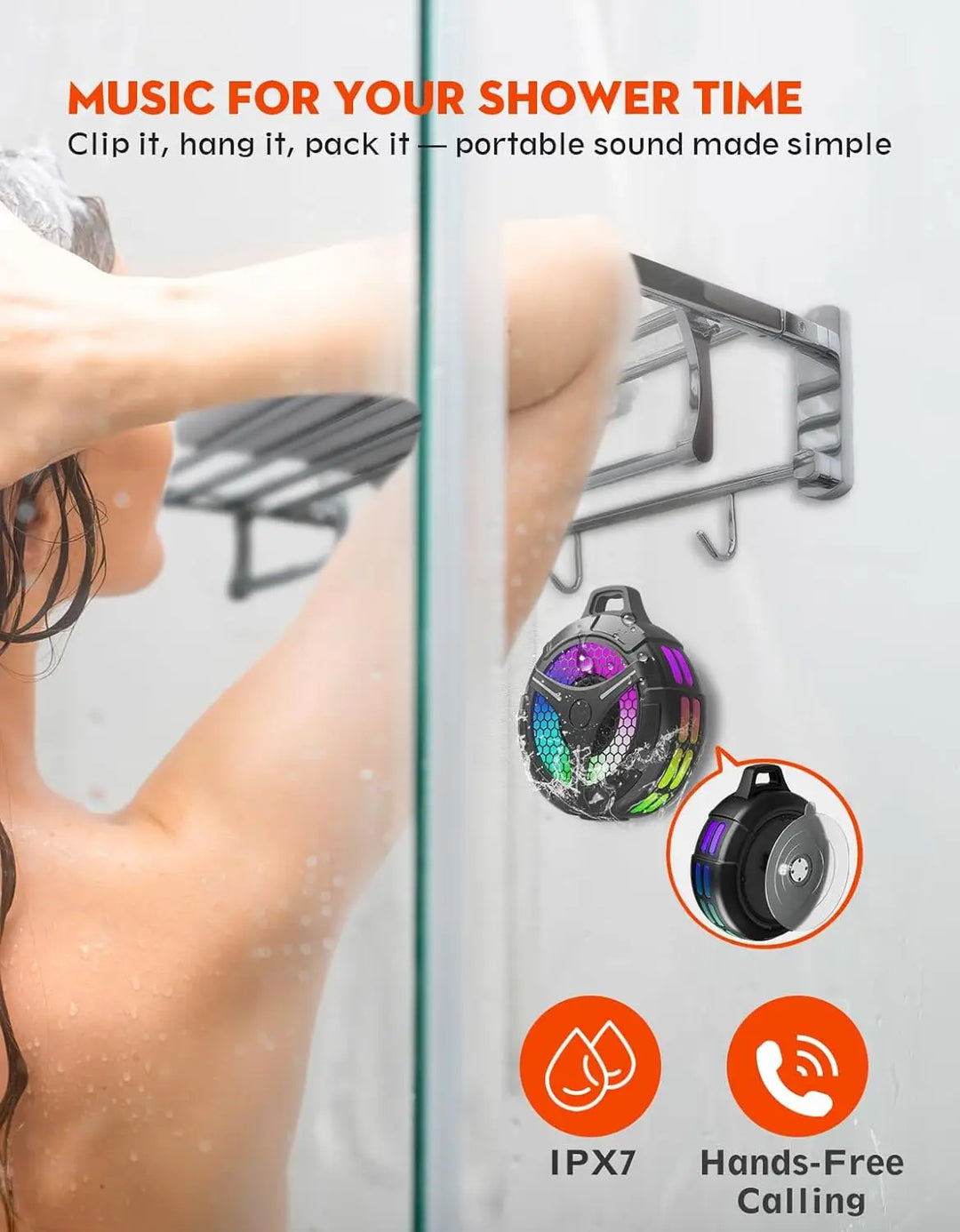 Bluetooth Shower Speaker, IP67 Waterproof Portable Speakers, Small Outdoor Speaker with LED Light, True Wireless Stereo for Home