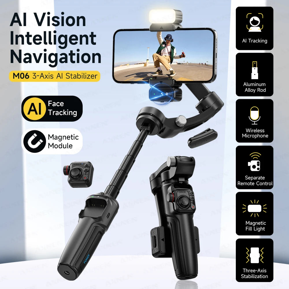 Handheld Gimbal AI Tracking 3-Axis Stabilizer with Built-in Extension Rod Wreless Mic for Android Iphone Cellphone Shooting Vlog