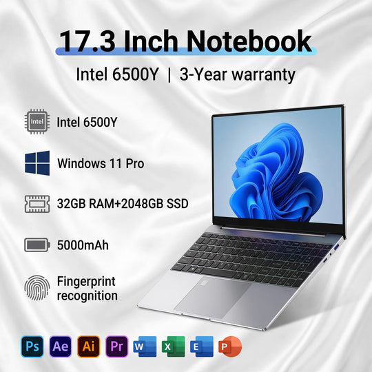 17.3" Portable Laptops Intel 6500Y Windows 11 32GB 2TB HD Display Fingerprint Unlock Gamer Study Office Notebook Computer PC