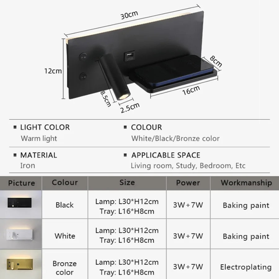 LED Wall Lamp Modern Multifunctional with Wireless Charging USB Interface Bedroom Night Light Indoor Decoration Lighting