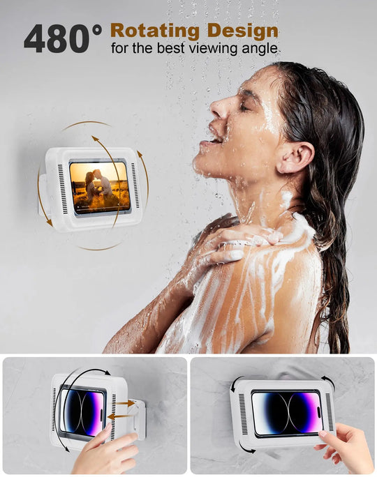 Shower Phone Holder with Speaker  480 Rotation, Wall Phone Mount for Shower Waterproof Anti Fog Shower Case for 4-7" Phones