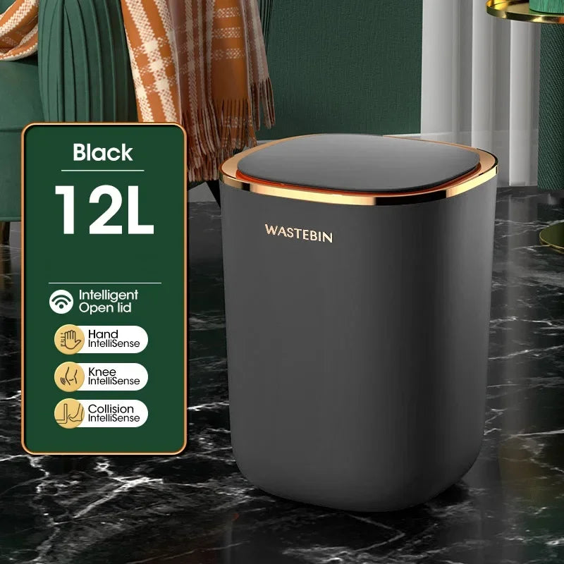 12L Smart Sensor Black Trash Can Induction  Bin Bathroom Luxury Garbage  Bucket For Kitchen Toilet  Wastebasket