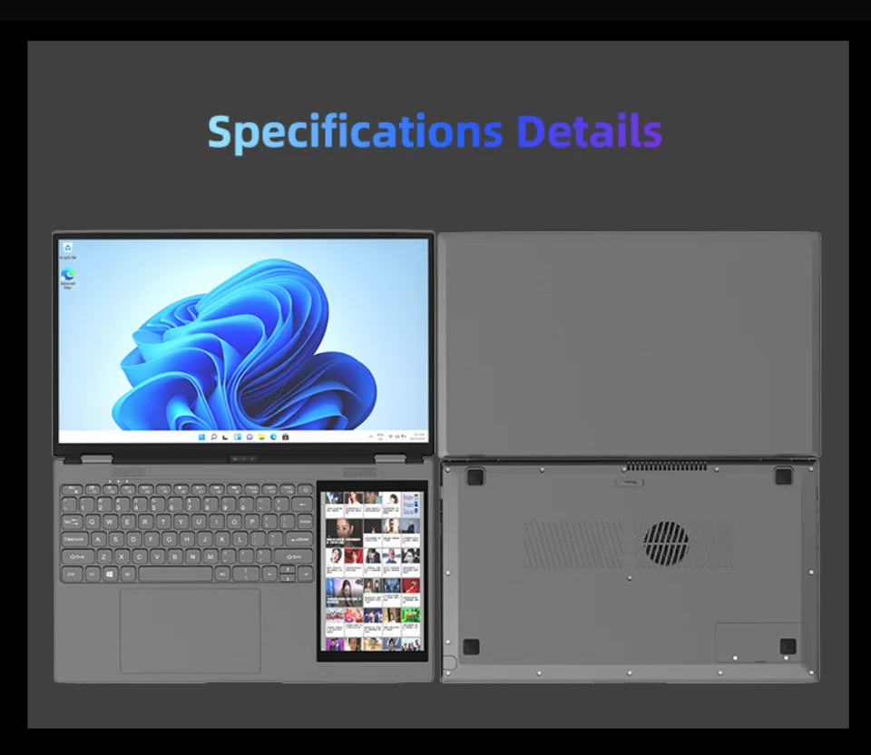 Dual Screen Laptop 15.6" IPS+7" Touch Screen 16G DDR4 128GB-2TB SSD Intel N95 N100 Processor Windows11 Notebook Computer Face ID