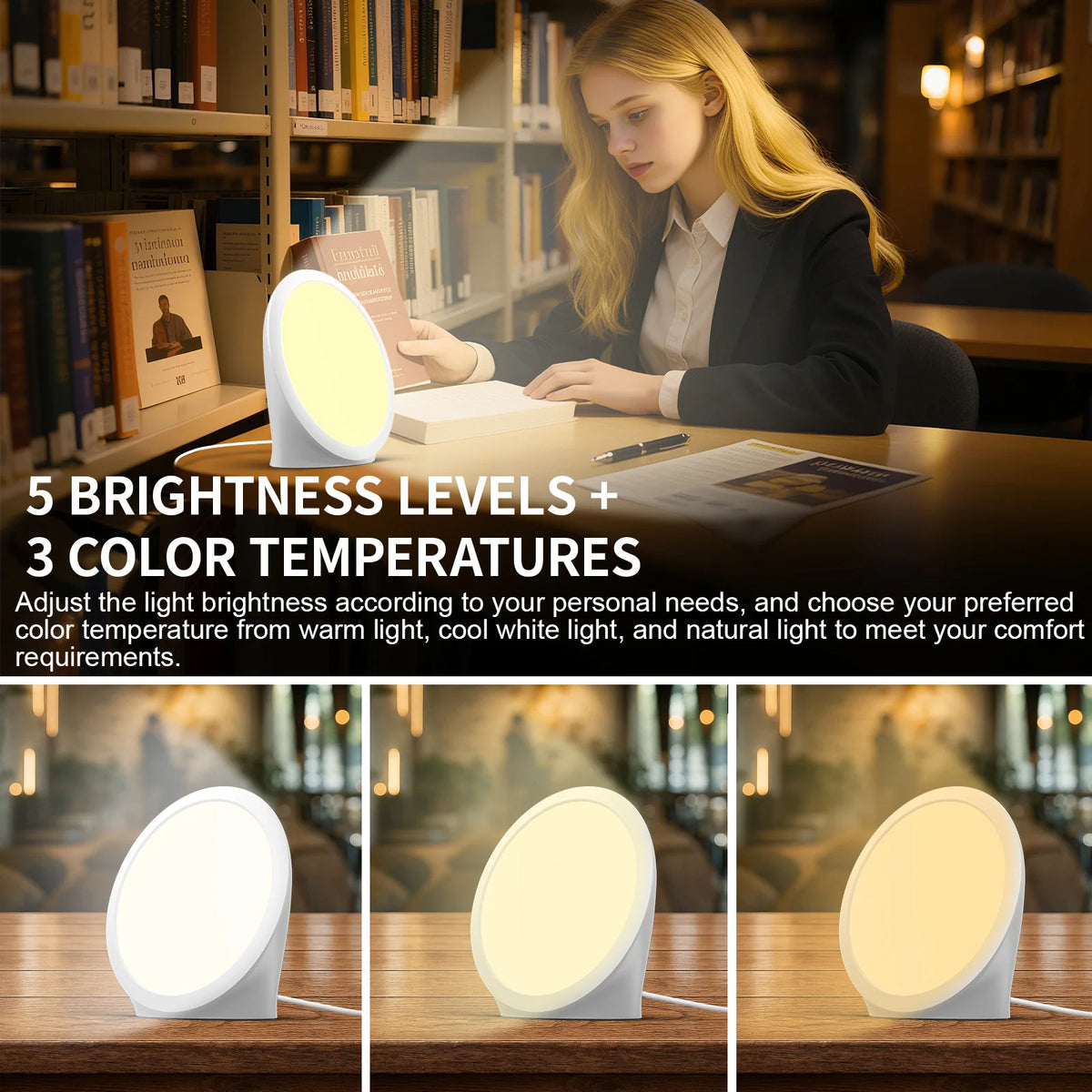 Daylight Lamp,10000 Lux Lamp, Portable Natural Sunlight Lamp with Memory Function,6 Timer Settings,Adjustable Brightness Level